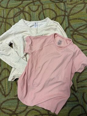Athleta Pink Stripe Short Sleeve Tee and Fleece Shirt. Sz 7, 8-10